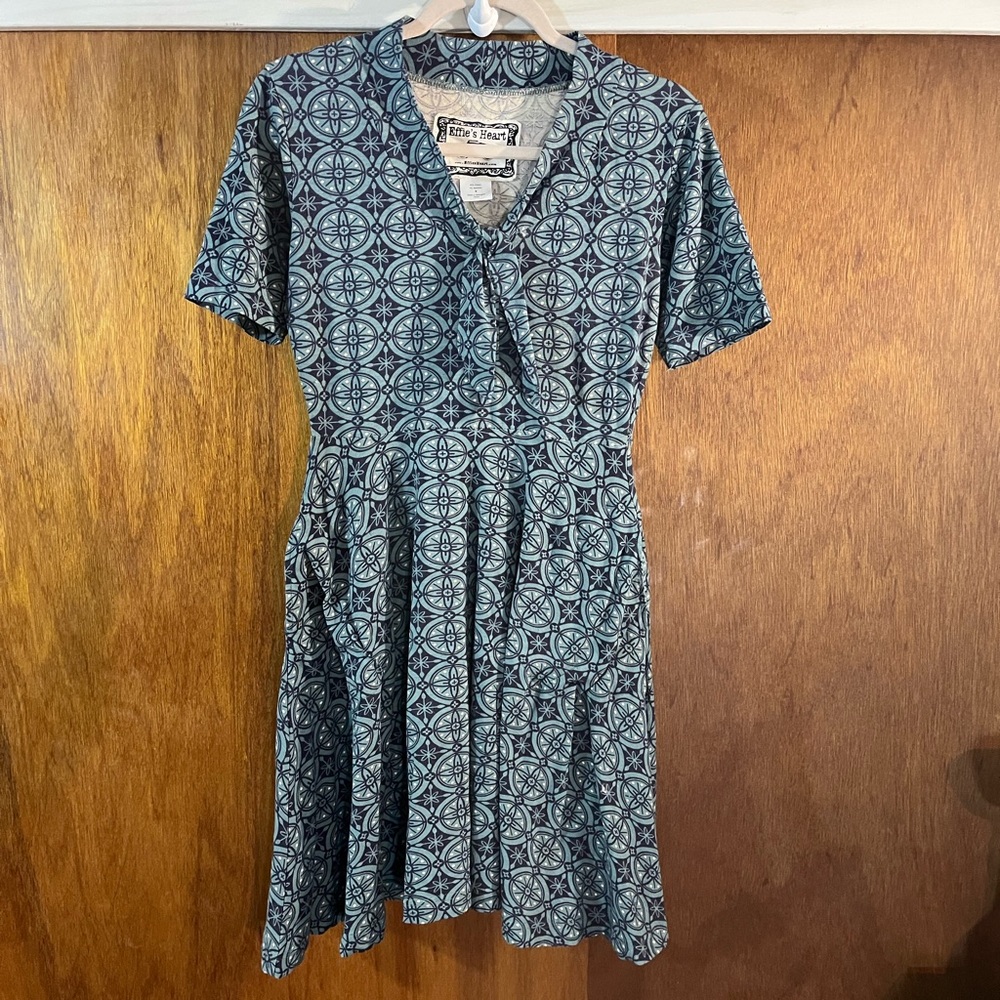 Effie's Heart Teal and Navy Geometric Fit-and-Flare Dress